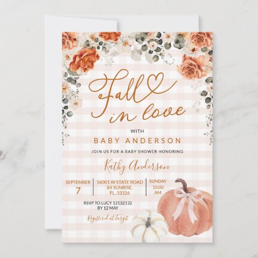 Herfst In Love Oranje Gingham Pumpkin Baby shower Kaart (Voorkant)