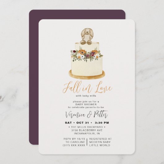 Herfst in Love Paars Autumn Cake Baby shower Invit Kaart (Voorkant / Achterkant)