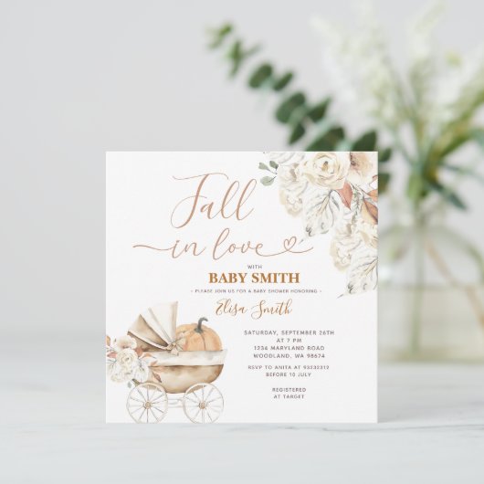 Herfst In Love Pompoen Carriage Floral Baby shower Kaart (Staand voorkant)