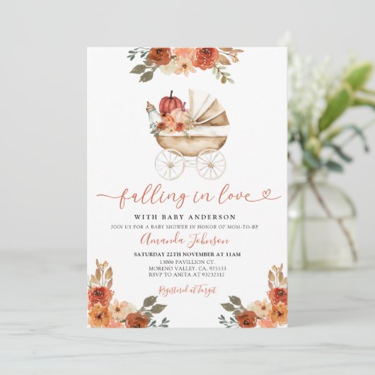 Herfst In Love Pompoen wandelwagen Floral Baby sho Kaart (Staand voorkant)