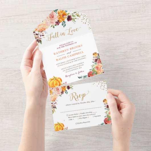 Herfst in Love Pumpkin Botanical Floral Gold Weddi All In One Uitnodiging (Afscheurbaar)