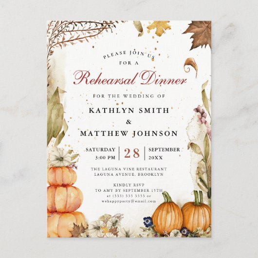 Herfst in Love Pumpkin Botanical Rehearsal Dinner Uitnodiging Briefkaart (Voorkant)