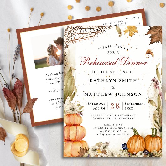Herfst in Love Pumpkin Botanical Rehearsal Dinner Uitnodiging Briefkaart