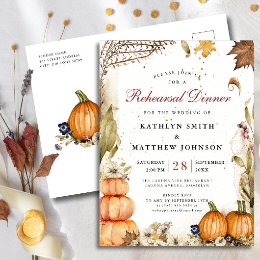 Herfst in Love Pumpkin Botanical Rehearsal Dinner Uitnodiging Briefkaart