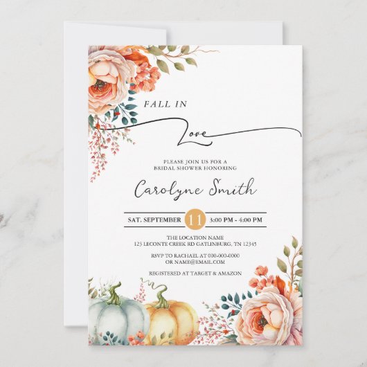 Herfst in Love Pumpkin Bridal Shower Invitation Kaart (Voorkant)
