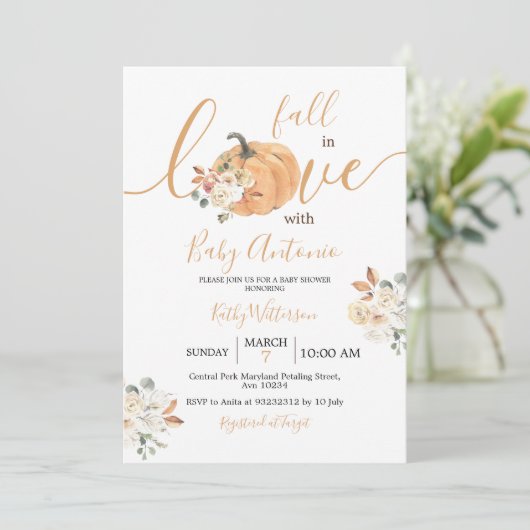 Herfst in Love Pumpkin Floral Baby shower Kaart (Staand voorkant)