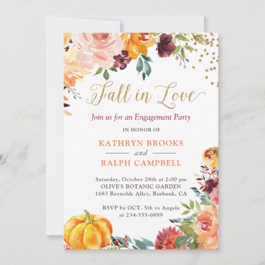 Herfst in Love Pumpkin Floral Gold Engagement Part Kaart (Voorkant)