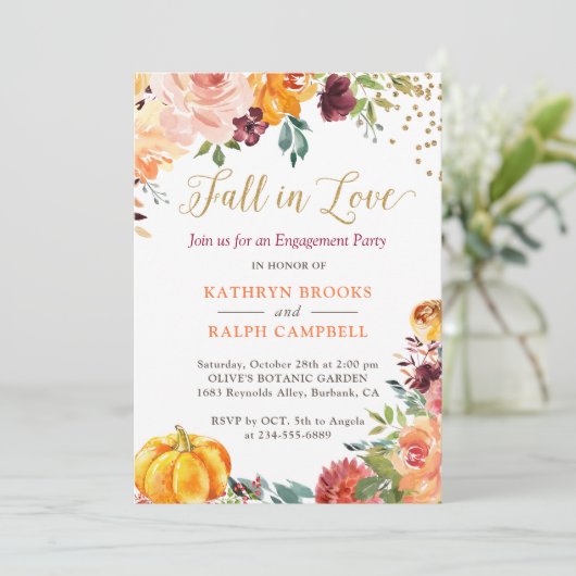 Herfst in Love Pumpkin Floral Gold Engagement Part Kaart (Staand voorkant)