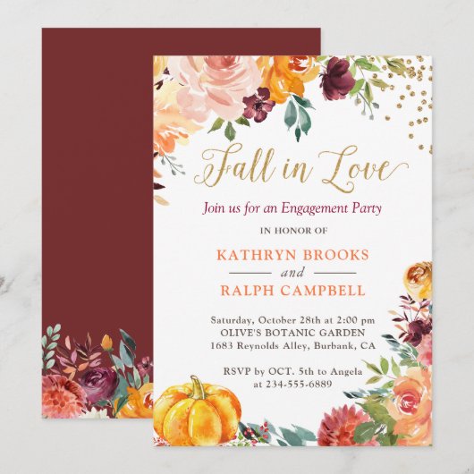Herfst in Love Pumpkin Floral Gold Engagement Part Kaart (Voorkant / Achterkant)