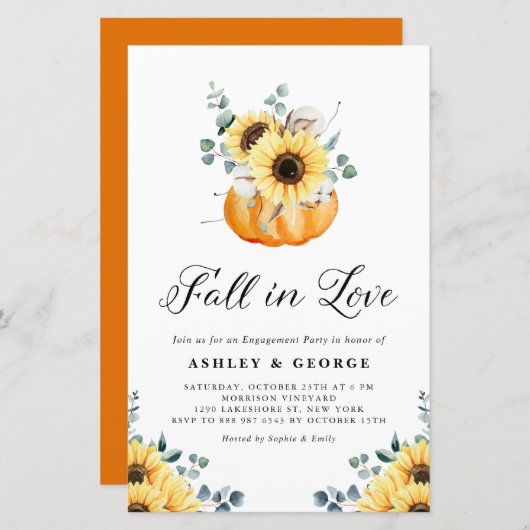 Herfst in Love Pumpkin Sunflower Verloving Invite (Voorkant / Achterkant)