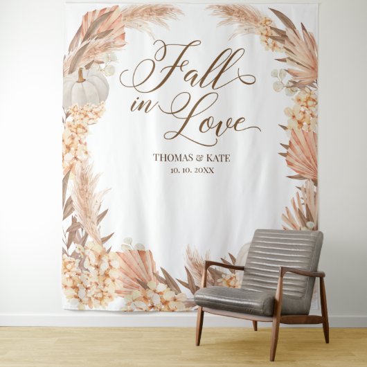 Herfst in Love Pumpkins boho pampas trouwbanner Wandkleed (In situ)