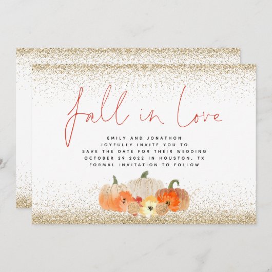 Herfst in Love Pumpkins Gold Glitter QR Code Wedde Save The Date (Voorkant / Achterkant)