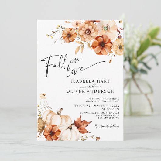 Herfst In Love Rust Cream Pompoen bruiloft uitnodi Kaart (Staand voorkant)