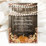 Herfst in Love Rustic Herfst Vrijgezellenfeest Kaart<br><div class="desc">Rustige herfstbrudale doucheuitnodigingen met een landschors-eiken-kapperachtergrond,  twijnende snaarlampen,  herfstbladeren,  een oogstpompoen en een herfst in liefde die gemakkelijk te personaliseren is.</div>