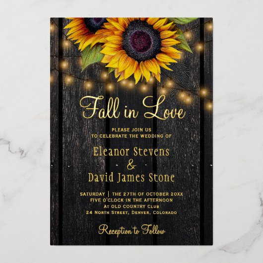 Herfst in Love sunflower roustige trouwgoudscript Folie Uitnodiging (Voorkant)