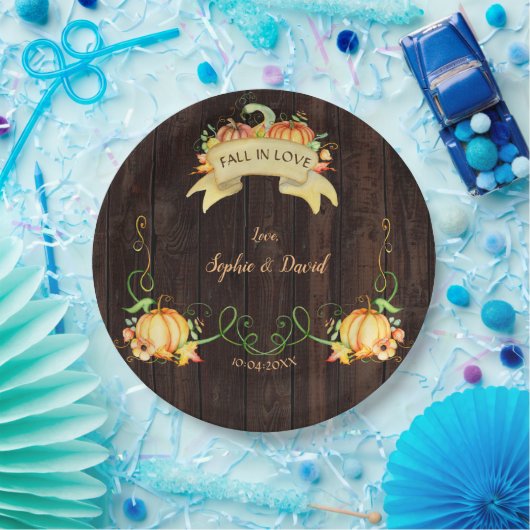 Herfst in Love Waterverf Pumpkin Old Barn Wedding Papieren Bordje (Feest)