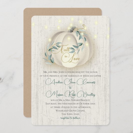 Herfst in Love White Pumpkin & Lights Rustic Weddi Kaart (Voorkant / Achterkant)