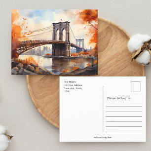 Herfst in New York / Waterverf Brooklyn Bridge Briefkaart