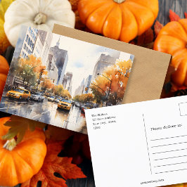 Herfst in NY / Waterverf Autumn Street met taxi's Briefkaart