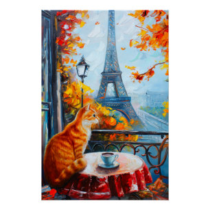 Herfst in Parijs Gemberkat in een Café Perfect Poster