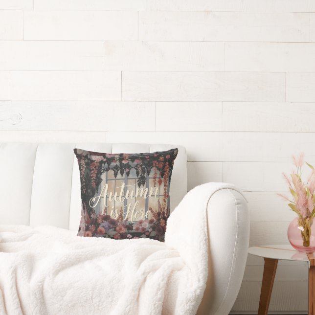 Herfst is hier bloemenvenster typografie kunst kussen (Bank)