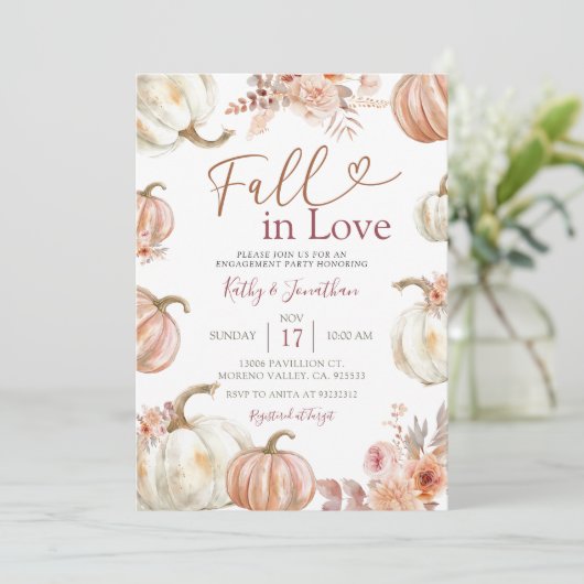 Herfst Ivory Beige Pumpkin Engagement Party Kaart (Staand voorkant)
