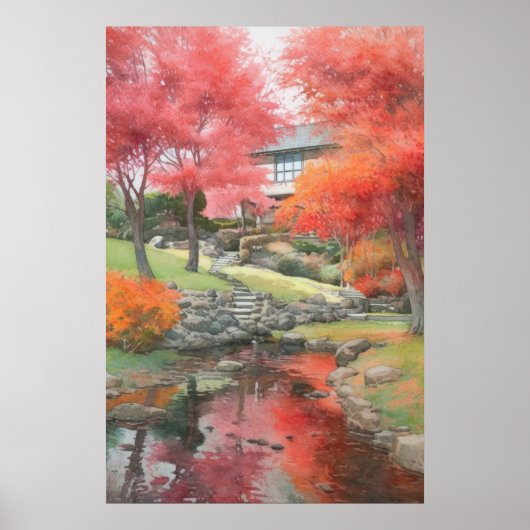 Herfst Japans Moderne Tuin Waterverf Poster (Voorkant)