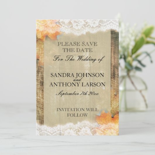 Herfst Kant Rustieke Save The Date Aankondiging (Staand voorkant)