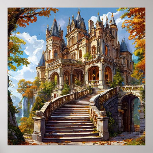 🏰 Herfst Kasteel Landschap Voor Fantasie Thuis Poster (Voorkant)