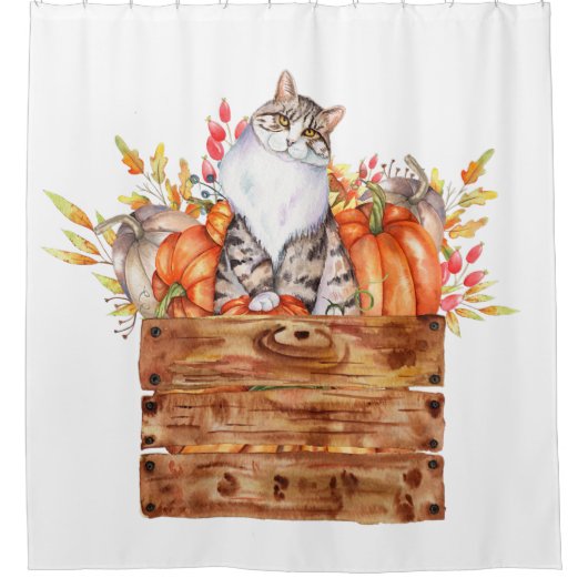 Herfst kat en pompoenen in doos douchegordijn (Voorkant)
