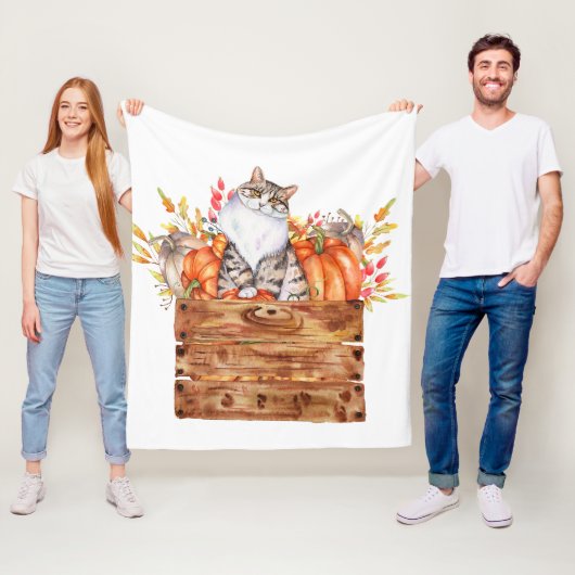 Herfst kat en pompoenen in doos fleece deken (In situ)