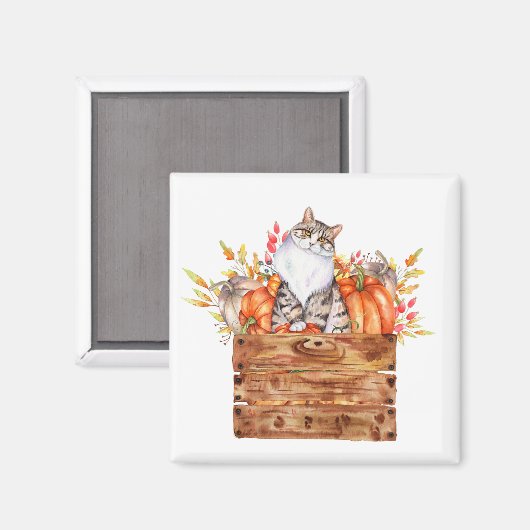 Herfst kat en pompoenen in doos magneet (Voorkant / Achterkant)