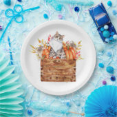 Herfst kat en pompoenen in doos papieren bordje (Feest)