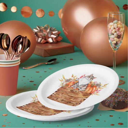 Herfst kat en pompoenen in doos papieren bordje (Multi)