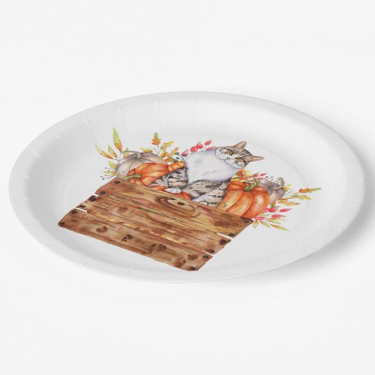Herfst kat en pompoenen in doos papieren bordje (Gekanteld)
