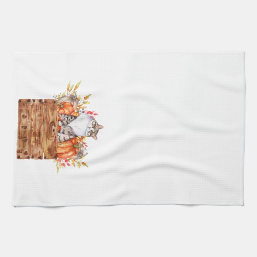 Herfst kat en pompoenen in doos theedoek (Horizontaal)