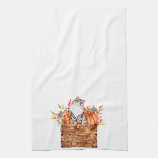 Herfst kat en pompoenen in doos theedoek (Verticaal)