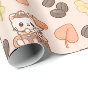 Herfst Kat Kop Kawaii Koffieboon Patroon Cadeaupapier