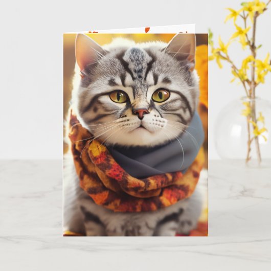 Herfst Kat met sjaal Kaart (Gele Bloem)