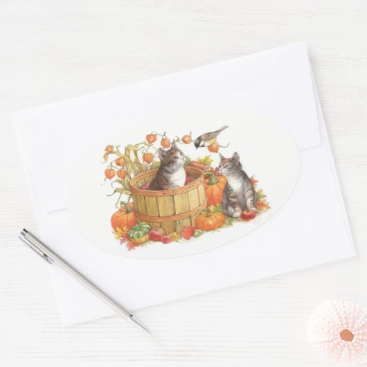 Herfst Katten en Vogel Ovale Sticker (Envelop)