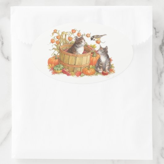 Herfst Katten en Vogel Ovale Sticker (Tas)