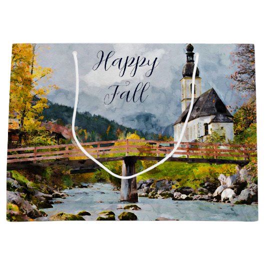 Herfst kerk en bomen met aanpasbare tekst groot cadeauzakje (Voorkant)