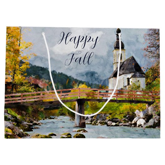 Herfst kerk en bomen met aanpasbare tekst groot cadeauzakje (Achterkant)