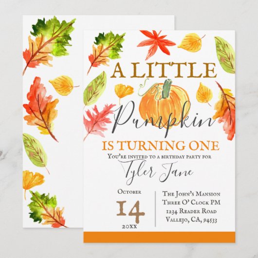 Herfst kind verjaardagsfeestje voor pompoenen kaart (Voorkant / Achterkant)