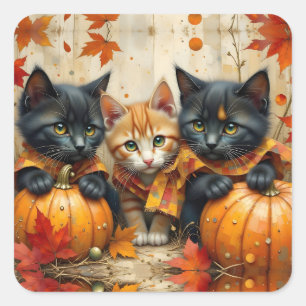 Herfst Kittens Pompoenen en Foliage Vierkante Sticker