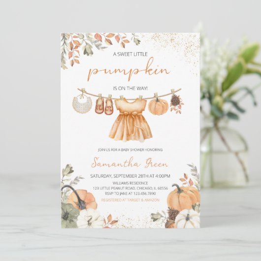 Herfst Kleding Little Pumpkin Baby shower Kaart (Staand voorkant)