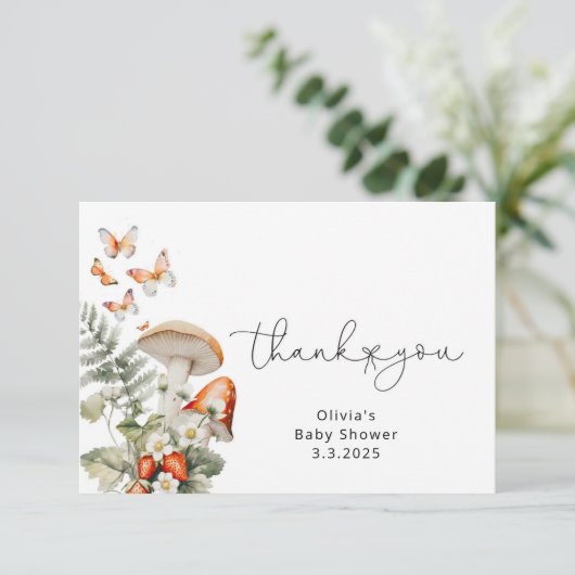 Herfst kleine paddenstoel baby shower dank u kaart (Staand voorkant)