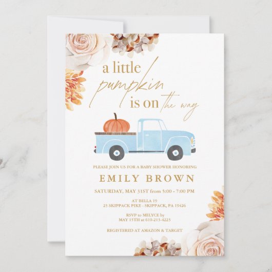 Herfst kleine pompoen jongen Baby shower uitnodigi Kaart (Voorkant)