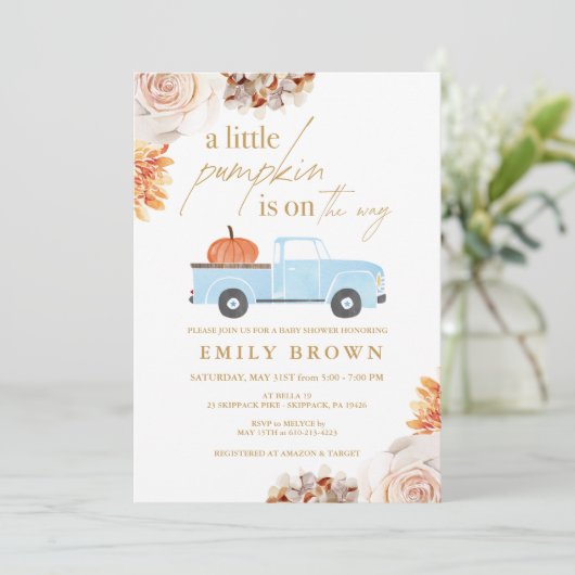 Herfst kleine pompoen jongen Baby shower uitnodigi Kaart (Staand voorkant)