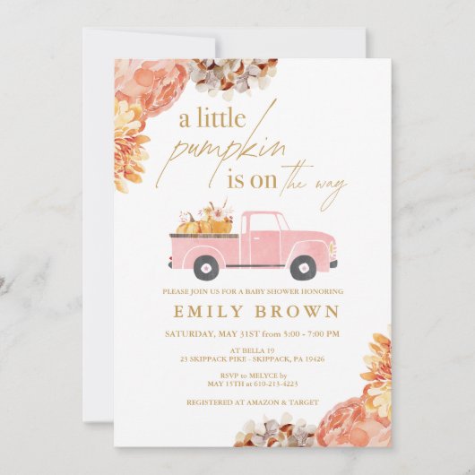Herfst kleine pompoen meisje Baby shower uitnodigi Kaart (Voorkant)